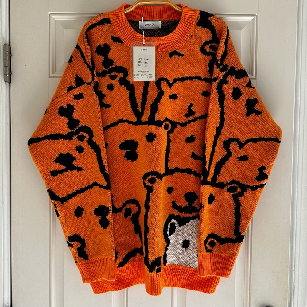 Shengu Polar Bear Crewneck Sweater Orange Back White Kawaii Oversized Knit Funky - Picture 1 of 13